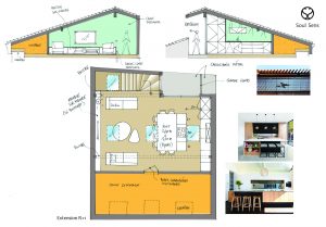 surélévation échoppe bordeaux salon loft parquet veux salon cuisine escalier balcon bleu architecture intérieure